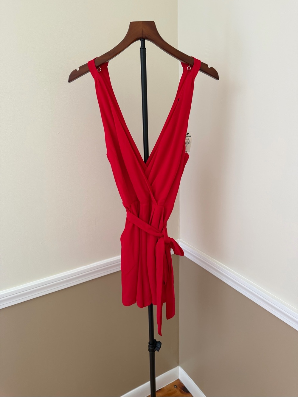 Red Wrap Sleeveless Romper with Tie Waist and open back